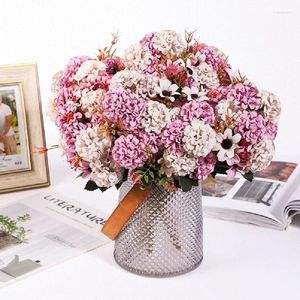 Decorative Flowers Silk Artificial Hydrangea Fake With Stem 39cm Single Branch Wedding Hand Bouquet Rose Wall Flower Decors