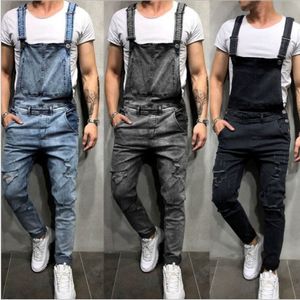 2019 Fashion Mens Ripped Jeans Jumpsuits Street Distressed Hole Denim Bib Overalls For Man Suspender Pants Size M-XXL 210A