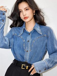 Kvinnors blusar vintage denim skjorta kvinnor chic enkel kontorsblus långärmad avslappnad koreanska lösa vårnit jeans topp