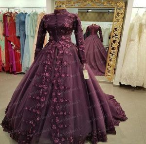 Lila spetsapplikationer långa ärmar aftonklänningar 2019 muslimsk prom klänning höghals formella festklänningar saudiarabien brudklänning p6733389