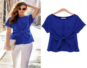 夏のレディースTシャツ丸いネックシフォンファッションショートスリーブ女性Tシャツデザイナーボウプラスサイズのレディースシャツ女性カジュアル6501251