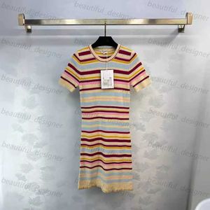 Designer women's casual dress Spring and Summer New Elegant Small Fragrance Wind Simple Diamond Contrast Stripe Round Neck Knitted Dress