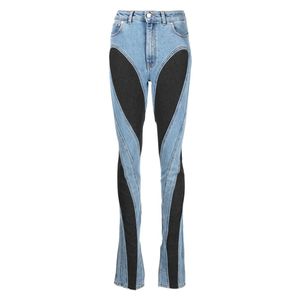Jeans kvinnors designer mager svartblå skarvad midhög midja avslappnad kvinnlig full längd denim byxor mugler byxor