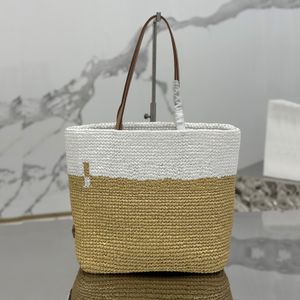 new summer crochet and leather tote bag luxury designer straw crochet leather handle handbag side enameled metal shoulder bag large capacity casual vacation purse