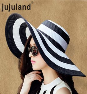 JuJuland 2018 Nya sommar kvinnliga solhattar Visor Hat Big Brim Black White Striped Straw Hat Casual Outdoor Beach Caps for Women C1906149605