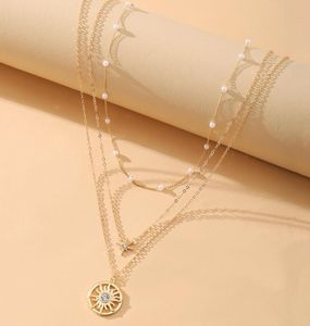 Zincirler Vintage Sinülasyon İnci Geometrik Güneş Kolye Suçlama Mücevherleri Kadınlar Moda Altın Renk Zinciri Takı Bijoux 7292795