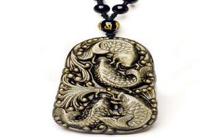 Beautiful hand made Natural gold obsidian carved handmade cute fish lucky pendant necklace beads necklaces5413377