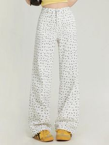 Women's Jeans Floral Print Straight Women Vintage Causal White Wide Leg Full Length Denim Pants Summer 2024