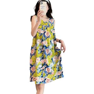 Women Floral Cotton Silk Dress Sleeveless Vest Dress Female Short Round Neck Comfort Soft Thin Pajamas 2024 Summer Spring Fashion Casual Plus Size Midi Dresses