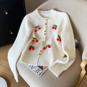 Malhas femininas Cardigans elegantes 2024 Spring Sweet Star Single Breated Cherry Decoration Sweater Soft and Loose