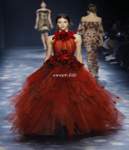 Marchesa vintage bollklänning Formella aftonklänningar Bourgogne Tulle Sheer High Neck Ruffle Flowers 2019 Celebrity Dress Long Pageant 3245911