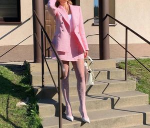 Xeasy Women Twopiece Set Pink Tweed Vintage Office Dame Doppelbrust Blazer Frau Slim High Taille Culottes Rock Anzug 240423