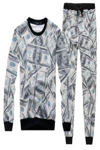 3D US dollar printing men tracksuits with hood pullover casual runing tracksuits2012083