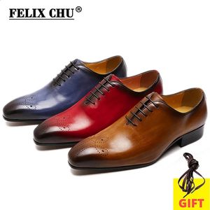 Felix Chu Mens Oxford Orijinal Deri Ayakkabı Bütün Kesilmiş Moda Sandık Toe Dantel Up Resmi İşletme Gelinlik Ayakkabıları Erkekler İçin 240428