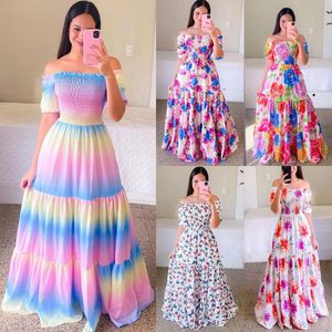 2024 New Spring/Summer European and American Women's Dress One Shoulder Fragmented Flower Dew Shoulder Long Printed Fairy Dress