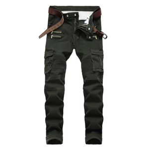 Men jeans Biker Punk Style Cargo Pocket Jeans Skinny Famous Brand Mens Designer Clothes Zipper Denim Pants Army Green 2350