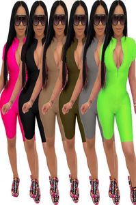 Summer Women Jumpsuits Rompers Designer solidny kolor kombinezonu odzież vneck zamek błyskawiczny BodyCon Shorts