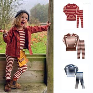 Bekleidungssets Mabli Herbst Winter Girls Jungen Unterwäsche Pyjama Set Striped Loungewear Langarmpullover eng anliegende Kinder gestrickt