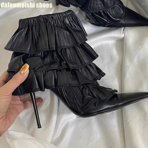 Boots Pointed Toe Short For Women 2024 Autumn Winter Style Pleated Skirt Fashion Novelty Stiletto Black Ankle