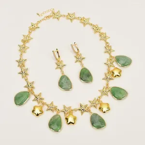 Necklace Earrings Set GG Natural Green Fluorite Gold Plated Star Chain Brushed Beads Pendant Sets Simple Lady Gifts