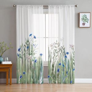 Gardin akvarellblommor växter blågröna lämnar tyllgardiner för vardagsrum sovrum barn dekor rena