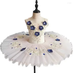 Stage Wear Kids White Pancake Platter Tutu Ballerina Party Dress With Blue 3D Flower Adult Girls Professional Ballet Dance Costumes Letard
