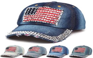 Moda American Flag Baseball Cap Men Sport Rhinestone Jeans Ball Cap Women Travel Bling Snapback Denim Sun Hat TTA11144906396