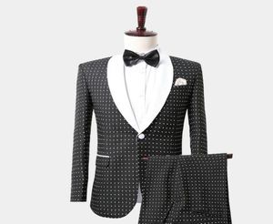 Fashion Gentleman Black White Polka Dot Tuxedo Suit With Shawl Lapel Mens Suits Custom Made Wedding Tuxedos Jacket Pants Vest Sl1300209