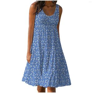 Lässige Kleider Vintage Blumenkleid für Frauen ärmellose böhmischer Strand Urlaub Sunddress Sommer Lose Swing Mini Robe