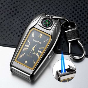 Fashion Watch Torch Lighter With Compass Keychain Pendant Multifunctional Without Gas Lighter For Men
