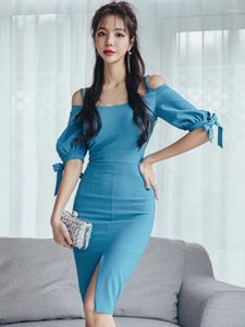 Party Dresses Korean OL Elegant Midi Dress For Women Black Blue Slip Lace Up Bow Slit Skinny Robe Femme Office Lady Street Vestido Mujer