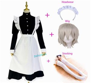 Kvinnliga män Crossdresser Sissy Maid outfit Long Black White Apron Dress Housekeeper Uniform Anime Halloween Cosplay Costume Wig Y0907497256