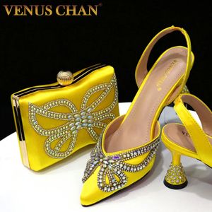 Chan Yellow Classy Bowknot Speced Toe Womens Shoes High Heel Elegante Sandalen flache Mundschuhe Tasche Set Frauen 240422