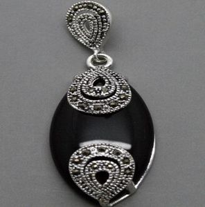 Vintage 18mmx40mm Marcasite preto Agates 925 Sterling Silver Drop Pinging1207510
