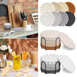 Table Mats 8pcs Woven With Holder Circular Cotton Thread Resistant Cup Coasters Absorbent Coffee Tea Drinks