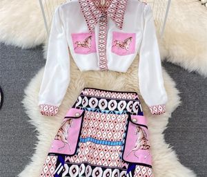 Two Piece Dress Fashion Runway Summer Skirt Suit Women039s Horse Geometry Print Blouse And A Line Pocket Buttons 2 Set 2209195697813