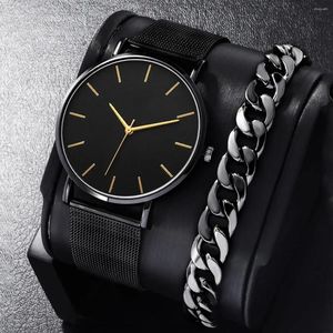 腕時計2PC/セットシンプルなファッション薄メッシュバンドウォッチメンズパーソナリティクォーツと合金ブレスレットギフト理想的な選択肢
