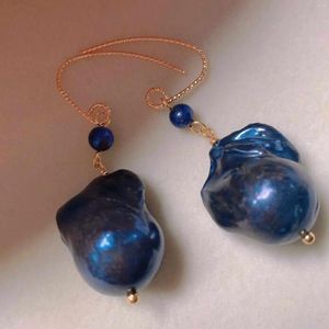 Orecchini a pennaglietta blu d'acqua dolce barocca perla agata oro 18k gemma formale gemma bohémien party aurico