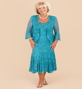 Mother Off Bride Dresses V Neck Turquoise Full Lace Long Sleeves Tea Length Sheath Plus Size Prom Party Mother039s Dresses Jack2061083