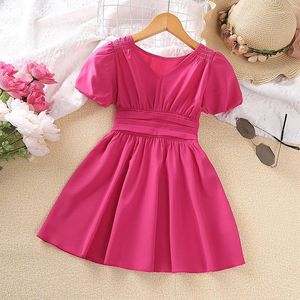 Mädchenkleider 2024 Sommer Ankunft Mädchen Kurzarm gegen Hals Rose Rot süße Roupa Infantil Menina Party Kleid Custum 18m-7t