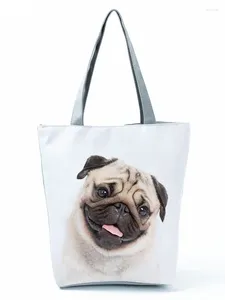 Omuz çantaları Sıradan Pug Baskılı Çanta Yaratıcılık Hayvan Yüksek Kapasite Eko Yeniden Kullanılabilir Alışveriş Çantası Sevimli Köpek Grafik Seyahat Tote Özel