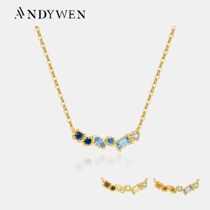 Pendant Necklaces ANDYWEN 925 Pure Silver Gold Blue Moon Birth Zircon CZ Crystal Pendant Long Chain Necklace 2024 Spring Exquisite Jewelry Q240430
