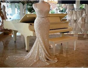 Настоящее изображение Sparkly Gold Sequind Prompes Formal Mermaid Sexy Spaghetti Sweep Train Promes 2017 Зимние вечеринки548256