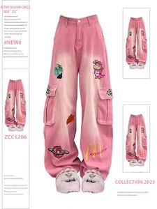 American Vibe Retro Cartoon Embroidery Pink Tooling Jeans Womens High Street Design Löst raka bredbensbyxor tvättade trasa 240430