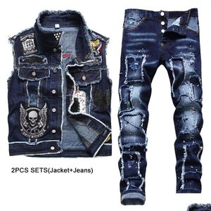 Mens Tracksuits 2023 New Blue Men 2 Pieces Sets Fashion Slim Casual Embroidery Skl Denim Vest And Ragged Paint Patch Stretch Jeans Co2 Dhws0