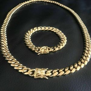 Herren Miami Cuban Link Bracelet Chain Combo Set 14K Gold plattiert Edelstahl 272o