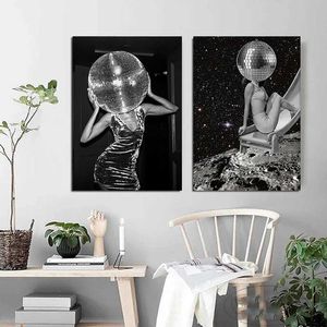 ERS DISCO Ball Dance Floor Disco Party Printing Black and White Fashion Affischer Retro Wall Art Canvas Målning Bar Room Decoration J240510