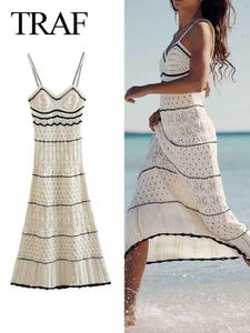 Basic Casual Dresses TRAF 2024 Womens Fashion Sexy Backless Knitted Dress Womens Sleeveless Long Thread Patch Work Sleeveless Beach Party Strapless Q240430