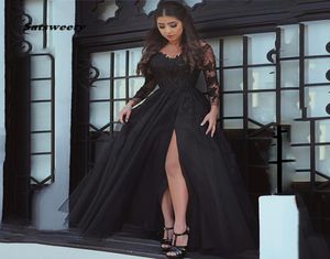 Sexiga slits svarta balklänningar spetsar långärmad elegant formell aftonklänningar parti långa balklänningar för kvinna vestidos de gala4656021