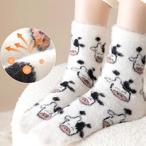 Women Socks Winter Thicken Milk Cow For Soft Middle Tube Floor Black And White Animal Pattern Plush